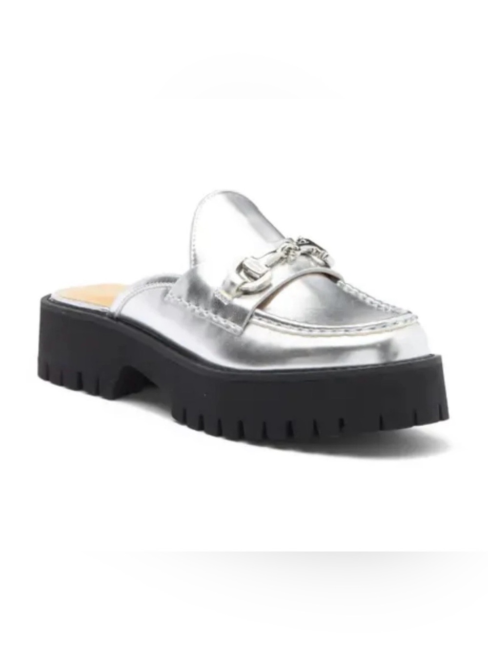 Nine West Horse-bit Detail Silver Metallic Lug-Sole Mule 7M